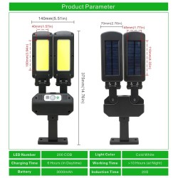 Solar street light - double-headed lamp - PIR motion sensor - waterproof - 200 COB - 3000mAhStreet lighting